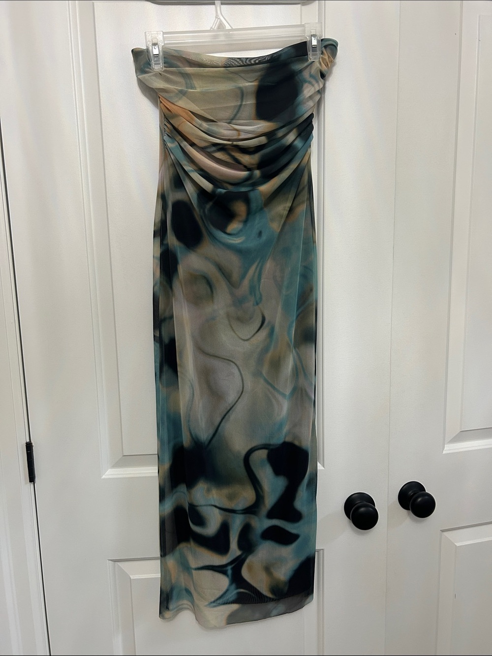 Zara Marble-Print Strapless Maxi Dress in Teal, Black, Beige
